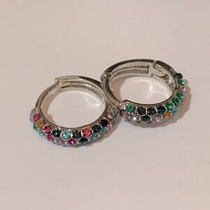 Silver Tone Earrings Hoop Rainbow Rhinestones NWOT